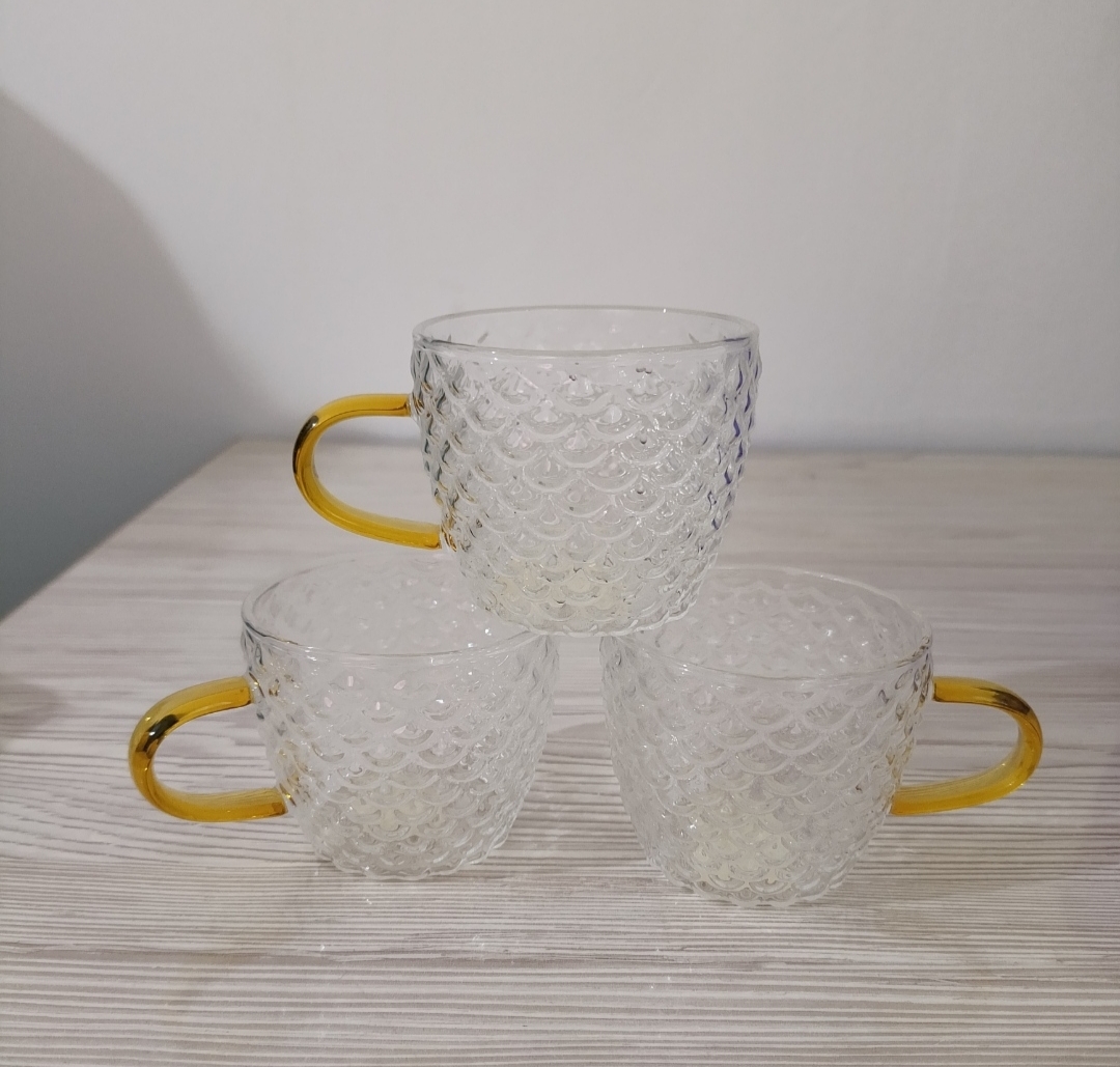 فنجان قهوه پیرکس طرح برجسته دسته طلایی فروش تکی - None - ماگ سرامیکی