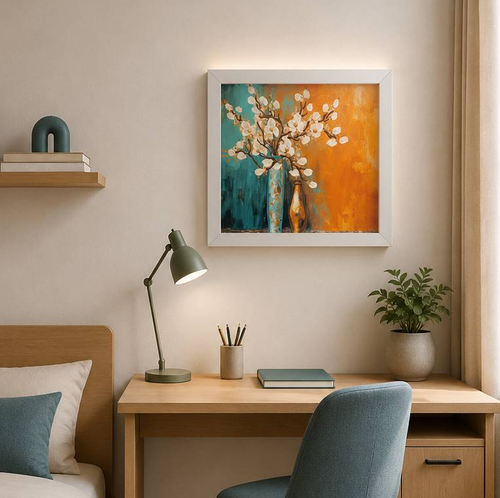 تابلو دکوراتیو شکوفههای سفید در گلدان 30×30 سانتیمتر با قاب نقره ای