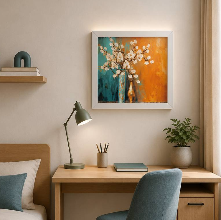 تابلو دکوراتیو شکوفههای سفید در گلدان 30×30 سانتیمتر با قاب نقره ای