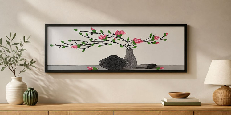 تابلو دکوراتیو مدرن طرح گلدان مشکی و خاکستری با شکوفههای صورتی | تابلو برجسته 120×45